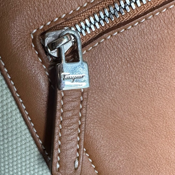 Salvatore Ferragamo Tan Italian Leather & Ivory Cream Canvas Shoulder Bag - Picture 11 of 11